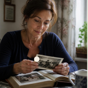 Frau blättert in alten Fotos